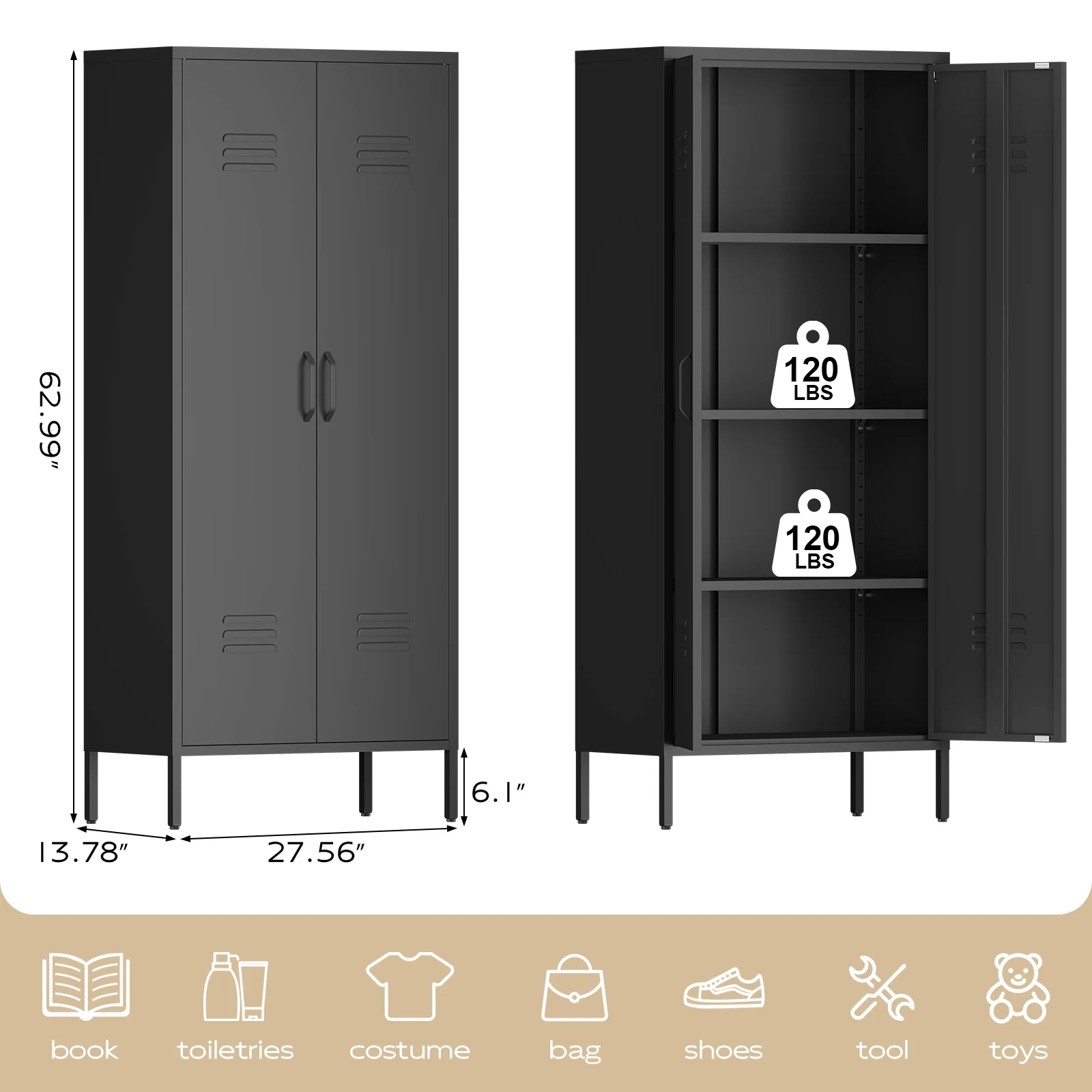 Marcree Green Metal Cabinet,2 Door Accent Cabinet,Metal Locker Cabinet with Legs,Sideboard Cabinet with Adjustable Shelves,Locker Storage Cabinet for Living Room,Entryway