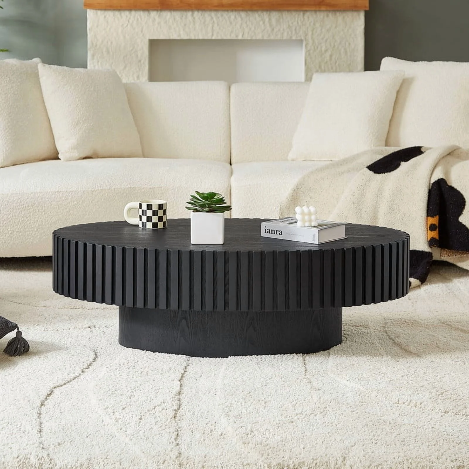 FFH 43.7 inch Oval Coffee Table for Living Room,Handcraft Rustic Corner Coffee Table Nature Wood Relief Sturdy Pedestal for Apartmen,Side Table Centre Table,Nature Wood
