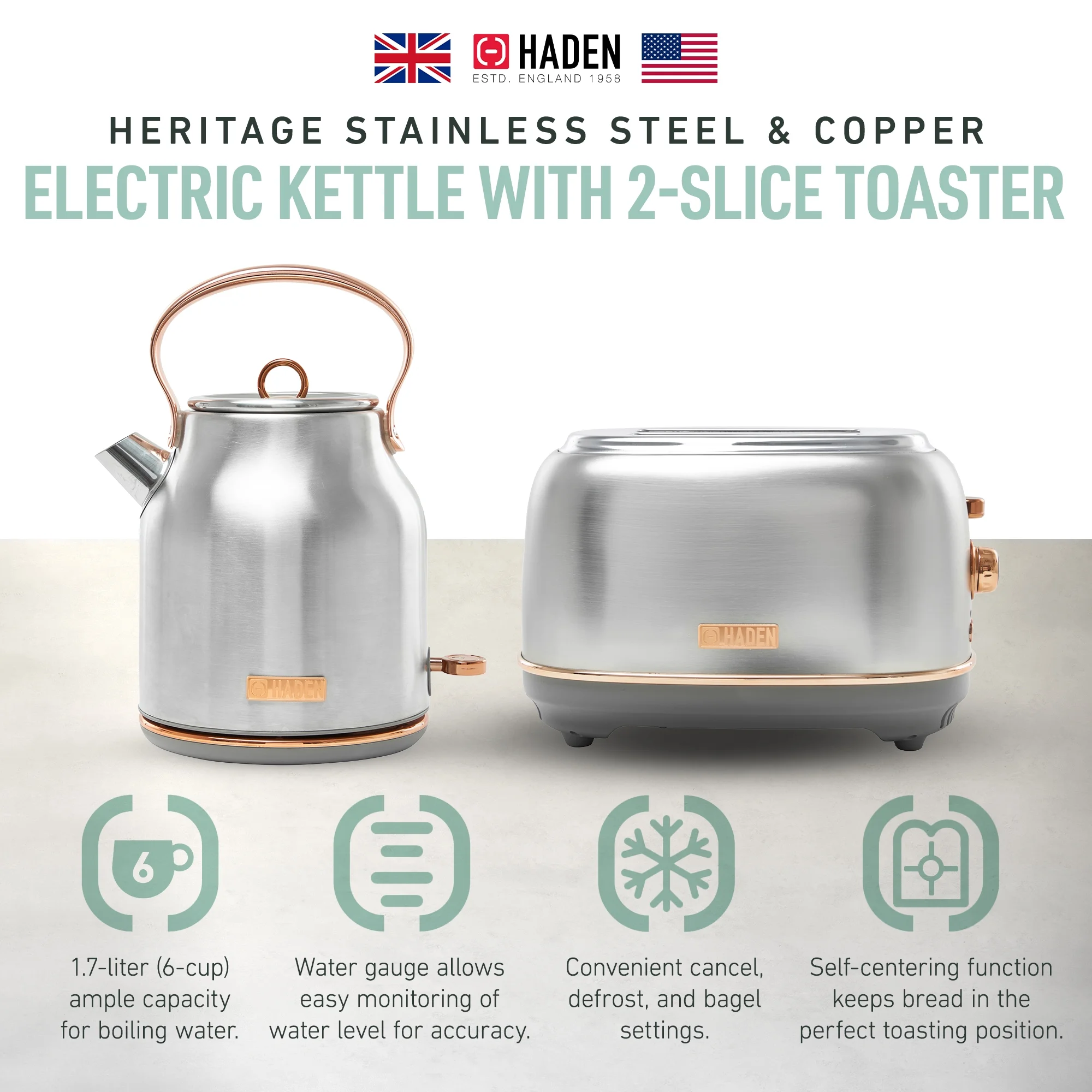 Haden Heritage 1.7 Liter Electric Kettle with 2 Slice Bread Toaster, White