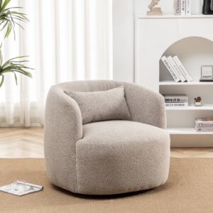 34" Wide Boucle Swivel Barrel Chair, No Assembly Round Upholstered Armchair Accent Chair Single Sofa Chair with Toss Pillow for Living Room and Bedroom, Taupe
