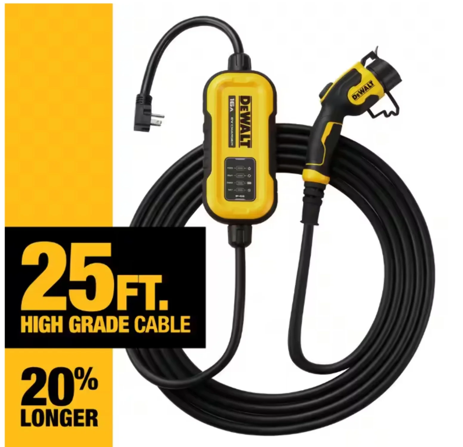 DEWALT Level-2 Portable Electric Vehicle EV Charger up to 16 Amps, 120-240-Volt AC 3.8 KW, 25 Ft. Cable, Weatherproof