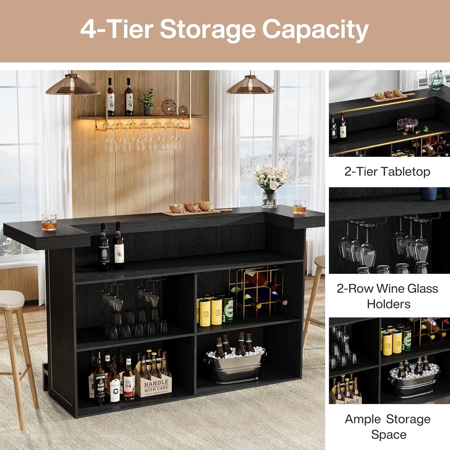 4-Tier Bar Table, 70.9-Inch Large Modern Home Bar Cabinet with Wine Glass Holder and Black Footrest