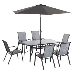 8-Piece Outdoor Dining Set with Umbrella, Patio Table and Chairs, Fast-Dry Fabric, 6 Chairs, Grey