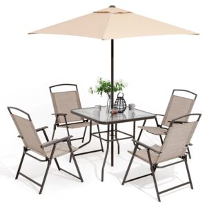 Pellebant 6 Pcs Metal & Glass Patio Dinning Set and Umbrella in Beige