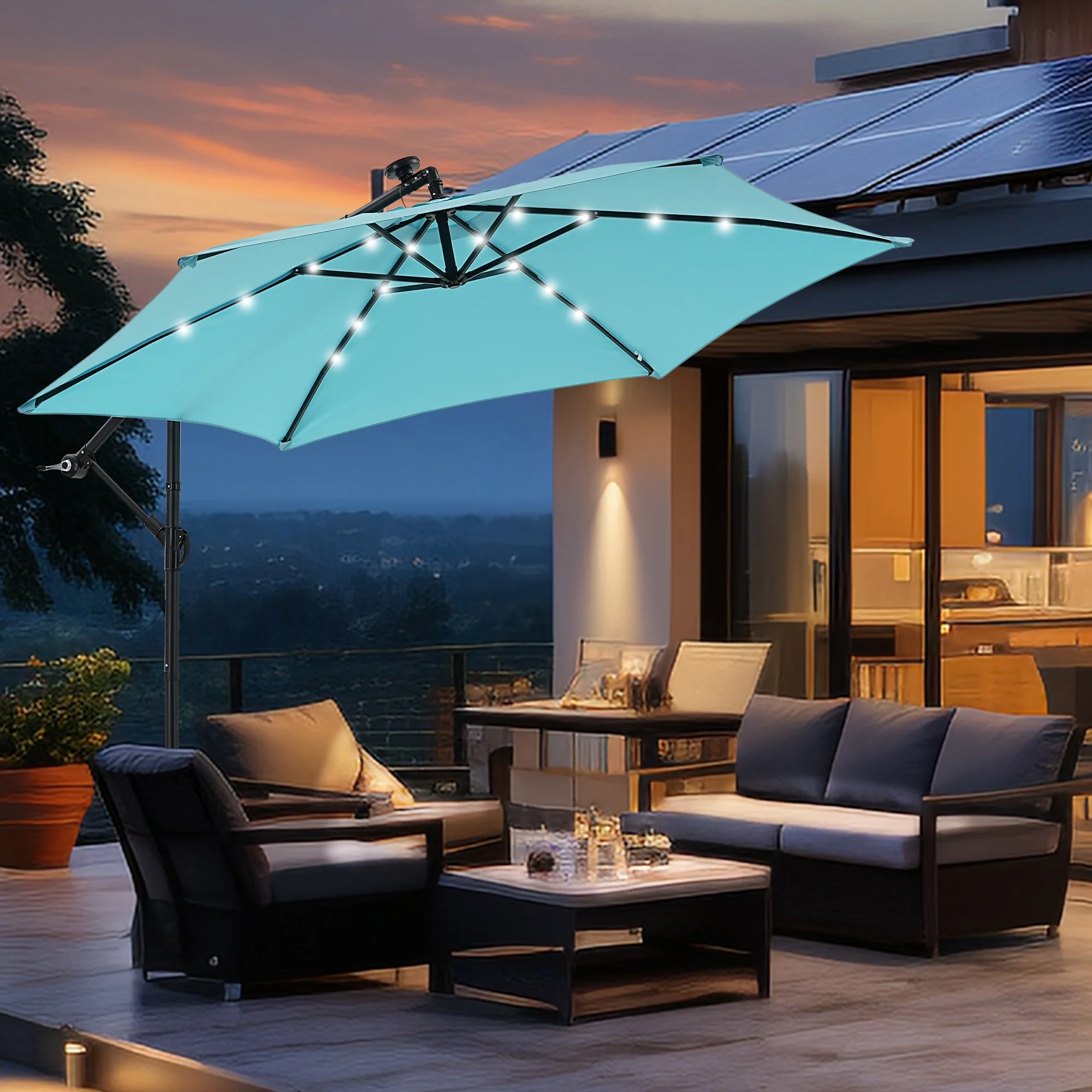 Ainfox 10ft Cantilever Patio Umbrella with Lights, Offset Market Umbrella with Sandbags Weighted Base and Cross Base,Khaki