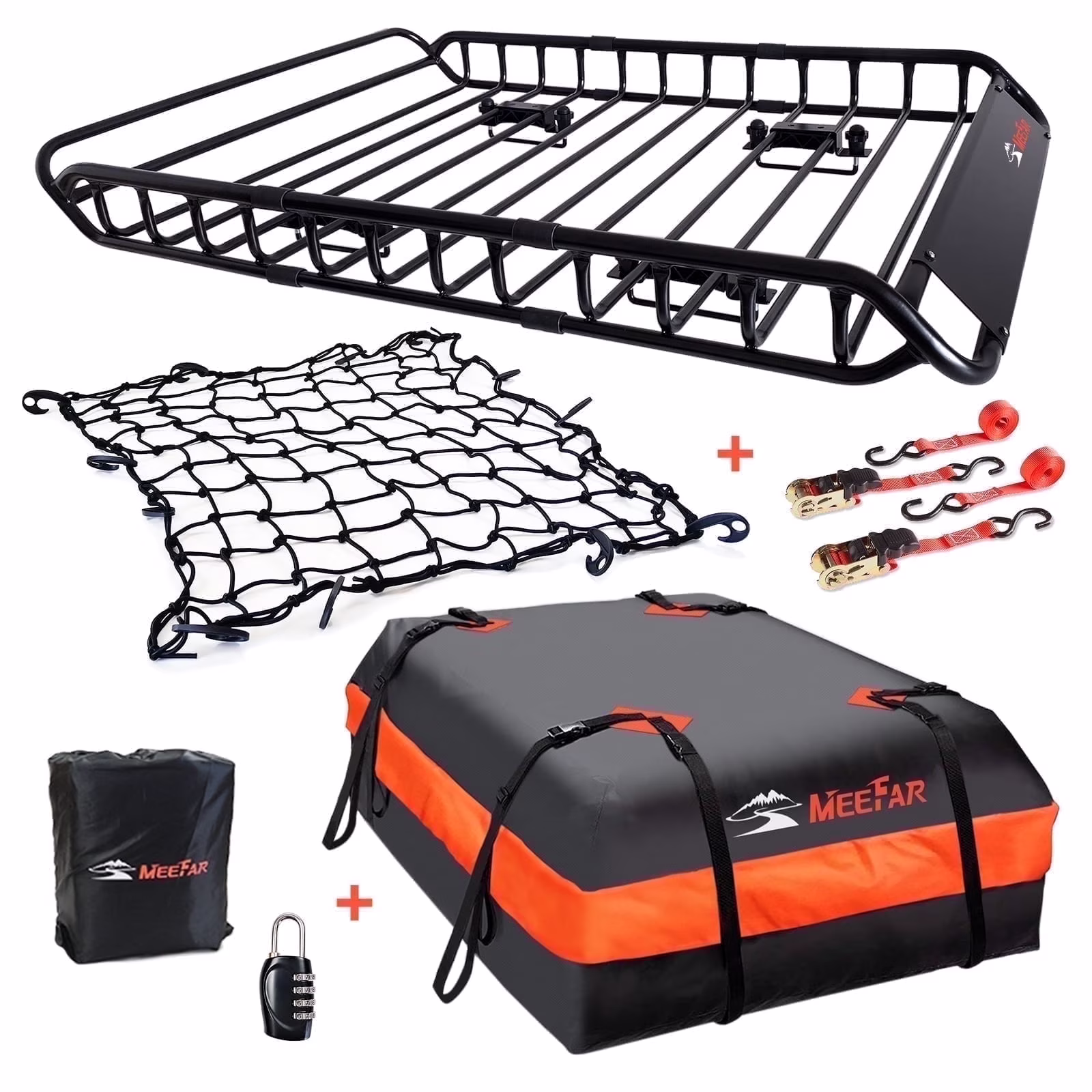 MeeFar Universal Rooftop Roof Rack Steel Cargo Carrier Basket Size 51" X 36" X 5" + Soft Shell Waterproof Cargo Bag 15 Cu.ft (44" 34" 17") Combo