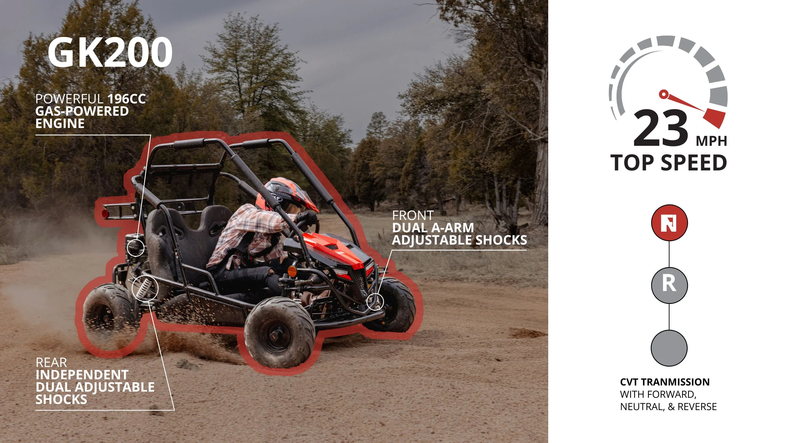 Coleman Powersports GK200 196cc Gas Powered Go-Kart, Two-Seater Off-Road Vehicle Up to 23 MPH, Rugged Suspension, Pull-Start Engine, Ages 13+, Red