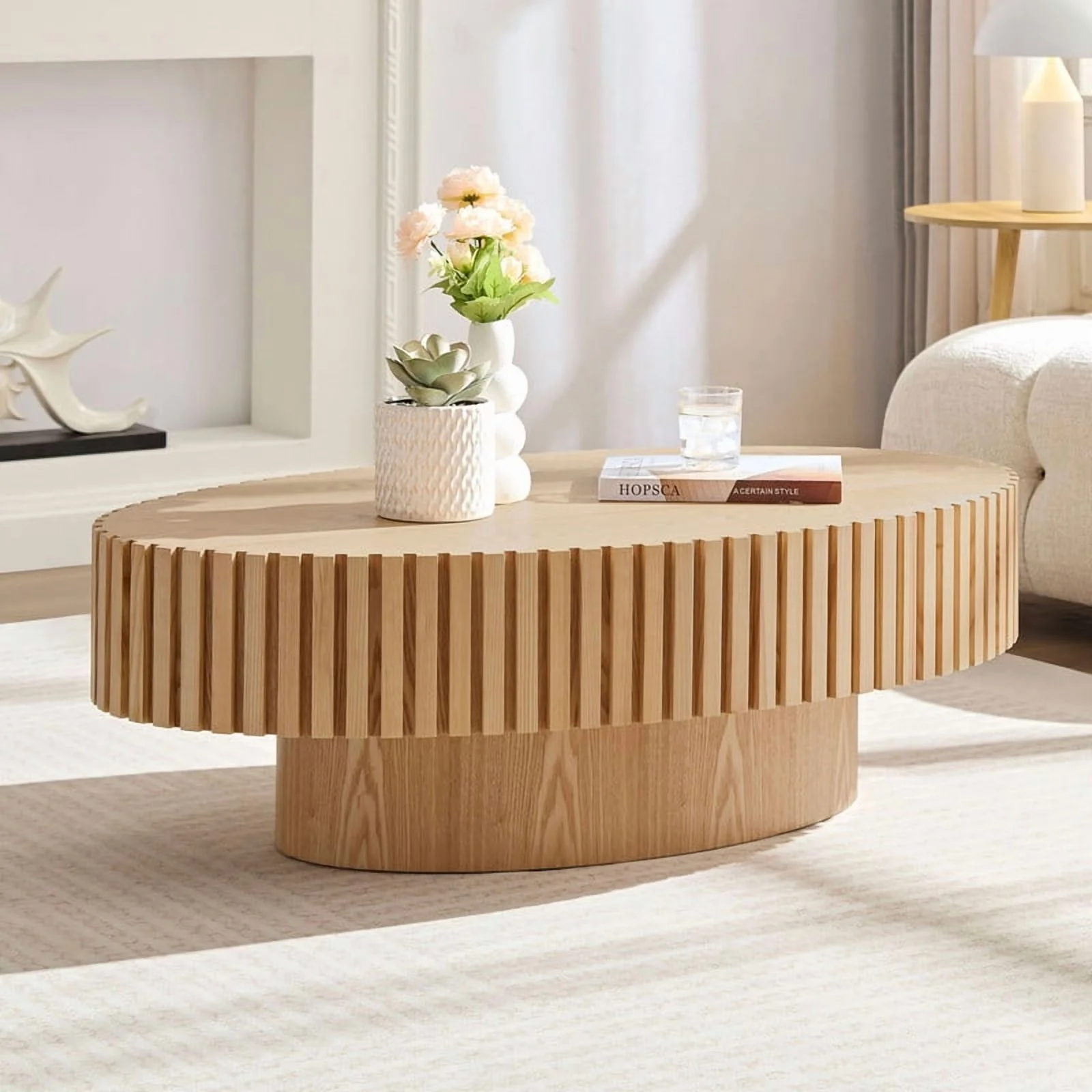 FFH 43.7 inch Oval Coffee Table for Living Room,Handcraft Rustic Corner Coffee Table Nature Wood Relief Sturdy Pedestal for Apartmen,Side Table Centre Table,Nature Wood