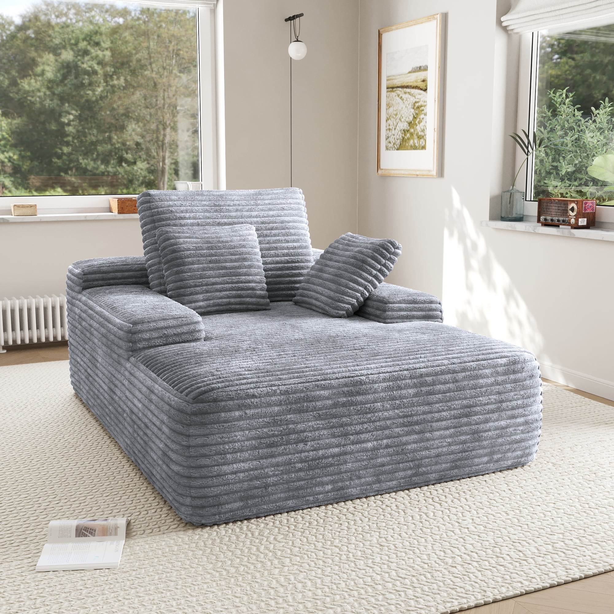 Sodrens Oversized Chaise Lounge Chair Indoor,Upholstered Sofa Bed with Throw Pillows and Armrests,Sleeper Chair for Living Room,Bedroom,Brown,Corduroy