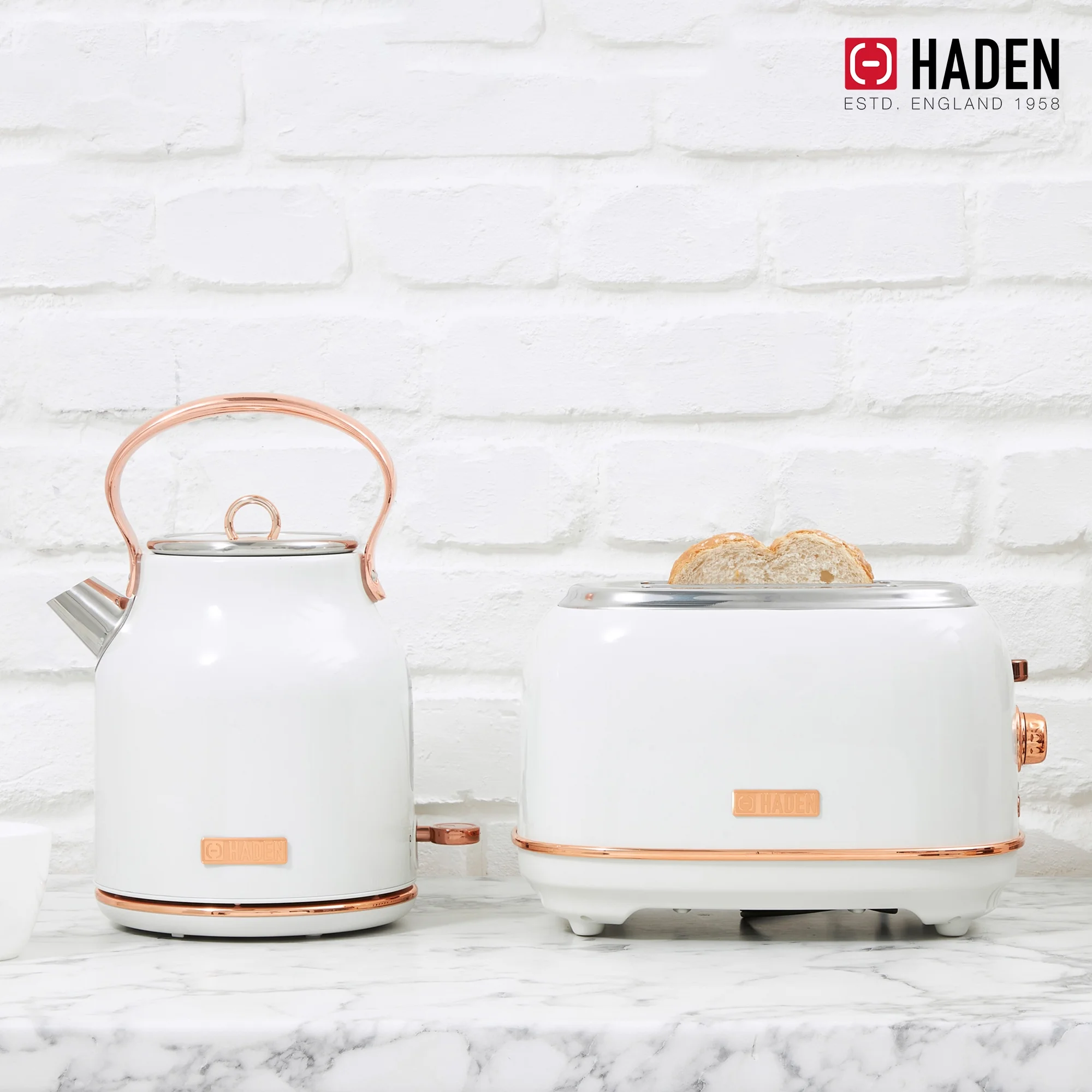 Haden Heritage 1.7 Liter Electric Kettle with 2 Slice Bread Toaster, White