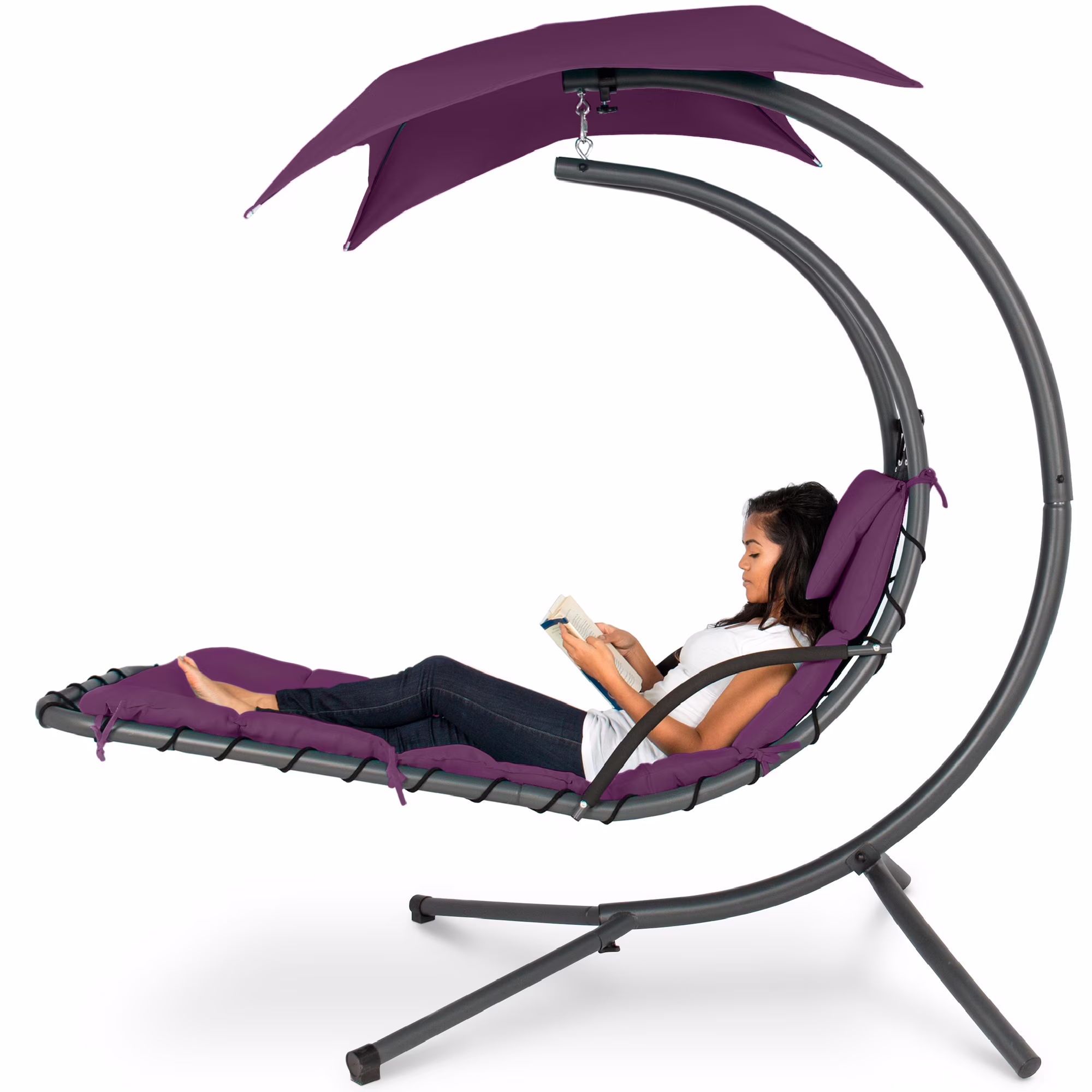 Best Choice Products Hanging Curved Chaise Lounge Chair Swing for Backyard, Patio w/ Pillow, Shade, Stand - Teal