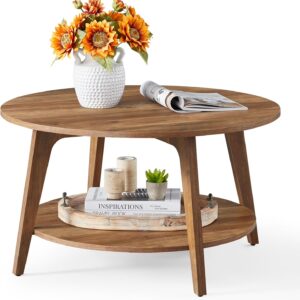 VASAGLE Round Coffee Table, 2 Tier Coffee Table with Storage, for Living Room, 31.5 x 17.7 Inches, Easy to Assemble, Honey Brown