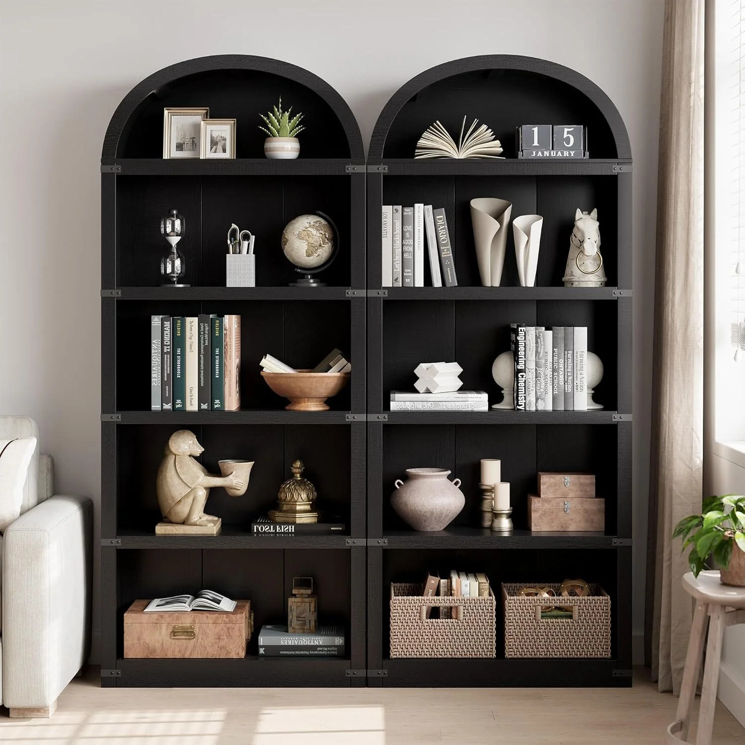Bookcase 5 Shelf Arched Bookshelf 71.65in Tall Bookcase Farmhouse Display Storage Rack Wooden Bookshelves for Home Office, Living Room(white)