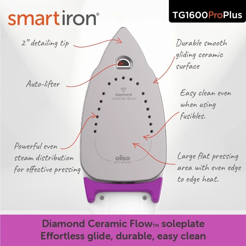 Oliso TG1600 Pro Plus 1800 Watt SmartIron with Auto Lift - for Clothes, Sewing, Quilting and Crafting Ironing | Diamond Ceramic-Flow Soleplate Steam Iron, Yellow