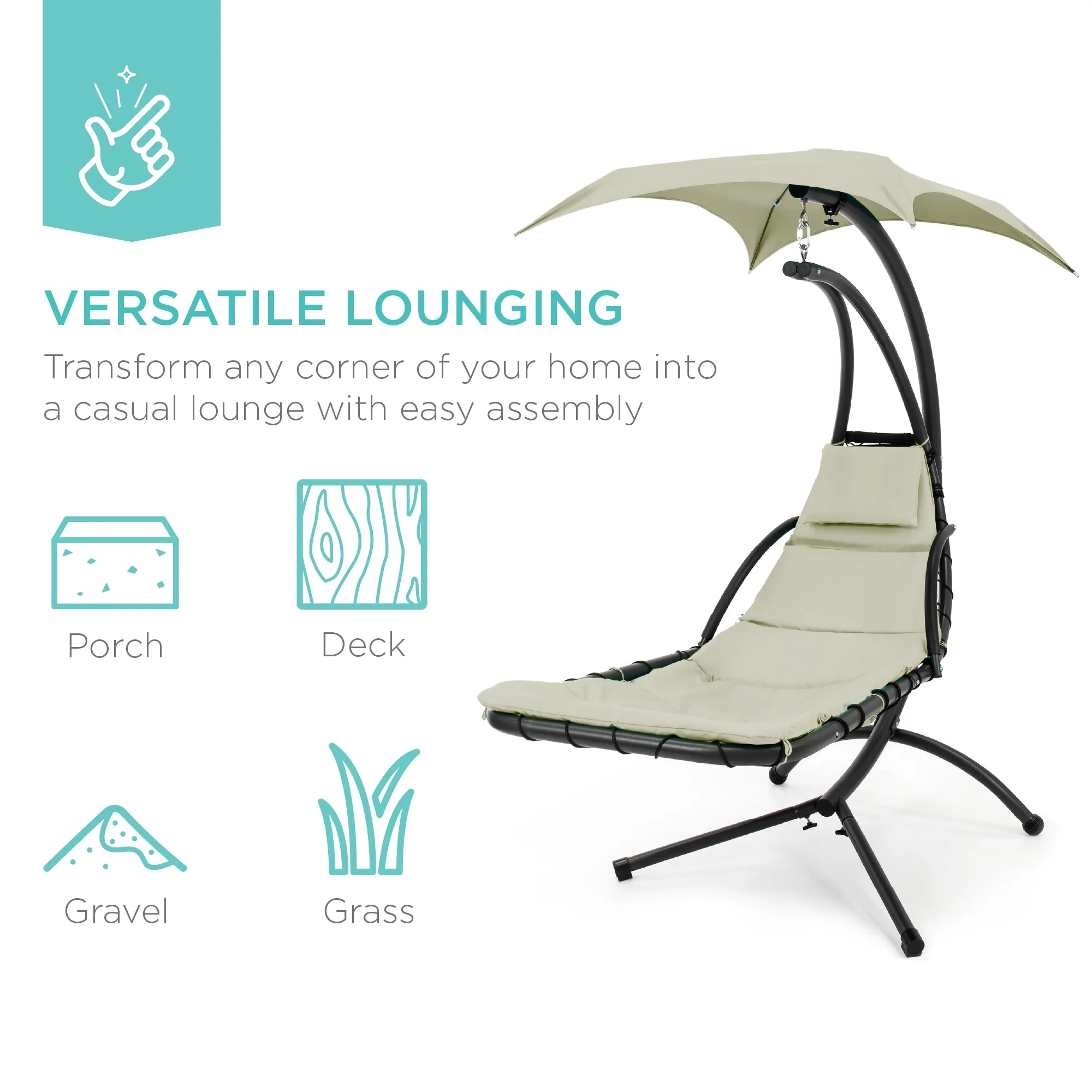 Best Choice Products Hanging Curved Chaise Lounge Chair Swing for Backyard, Patio w/ Pillow, Shade, Stand - Teal