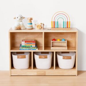 Rubber Wood 5-Compartment Montessori Shelf, 35.4" L Toddler Bookshelf, 2-Tier Wooden Storage Cabinet, Kids Classroom Organizer, Playroom, Daycare and Preschool Storage Shelves