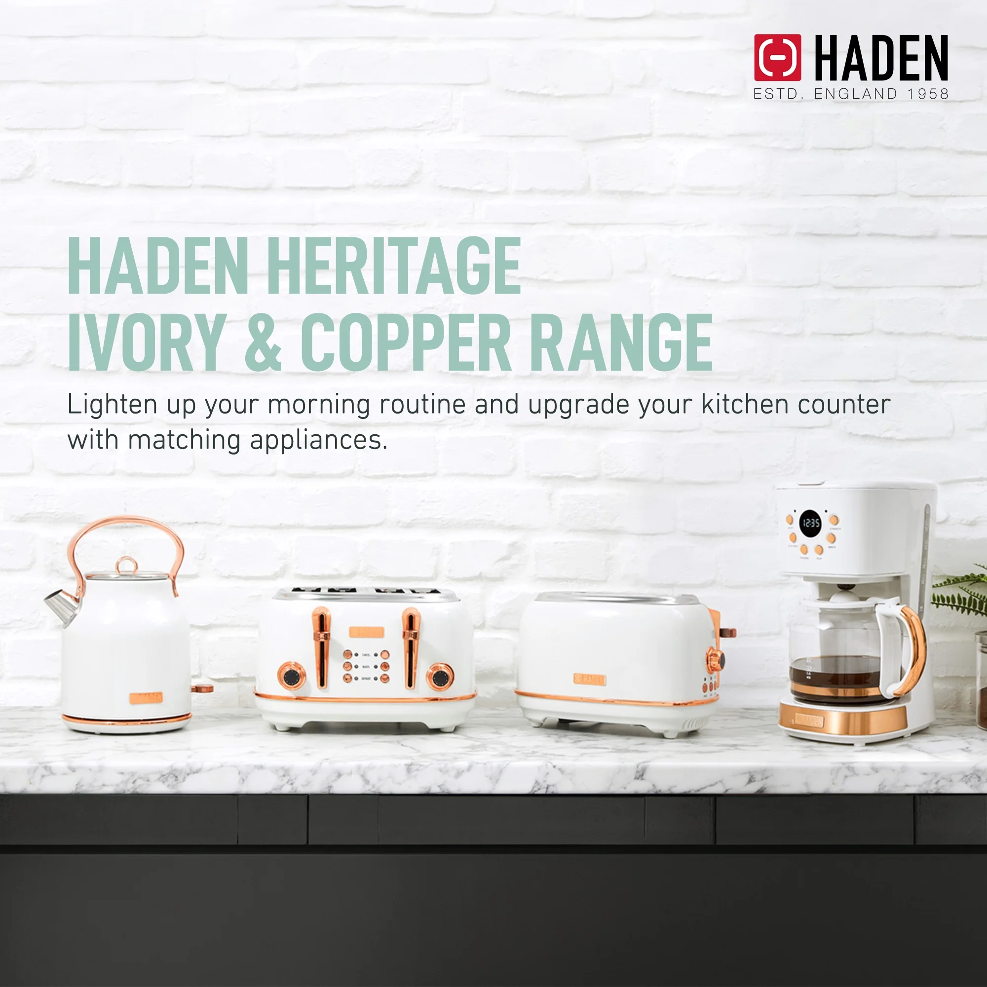 Haden Heritage 1.7 Liter Electric Kettle with 2 Slice Bread Toaster, White